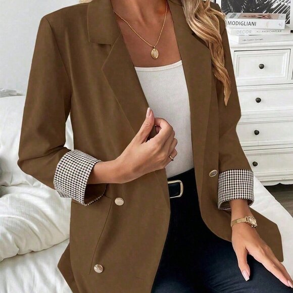 Coffee Brown Elegant Women's French Plaid Blazer